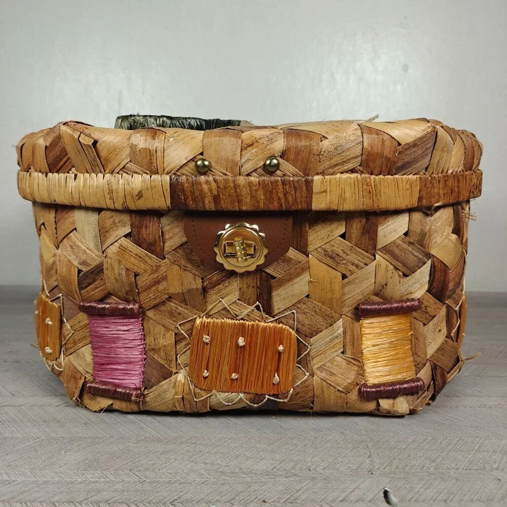 Vintage Handwoven Wicker Sewing Basket With Lid & Decorative Accents